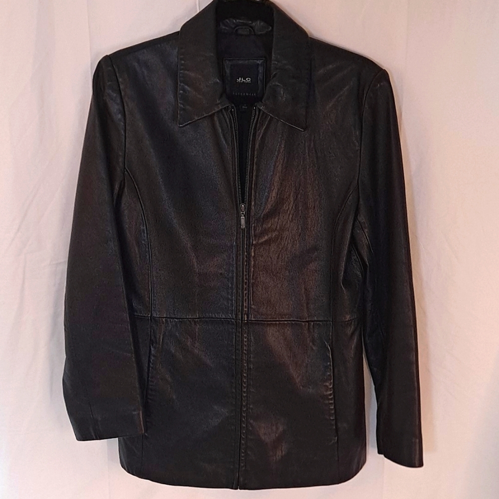 JLC New York black leather jacket with Zipper closure.